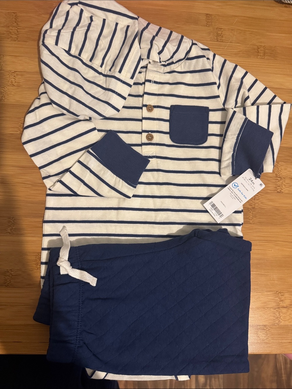 Carter's Navy & Cream Striped Hooded Pajama Set with Quilted Pants